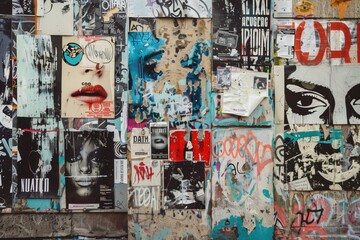 Fototapeta premium A vibrant urban wall covered with a collage of posters, graffiti, and street art. The artwork features various faces, abstract designs, and colorful text, creating a dynamic.