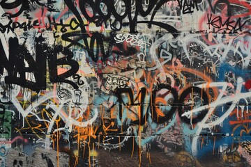 A vibrant urban wall covered in colorful graffiti and street art. The artwork features a mix of tags, symbols, and abstract designs in various colors, creating a chaotic yet artistic visual effect.