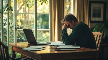 Stressed man struggling with work at a home office, surrounded by papers and a laptop, reflecting the challenges of remote work