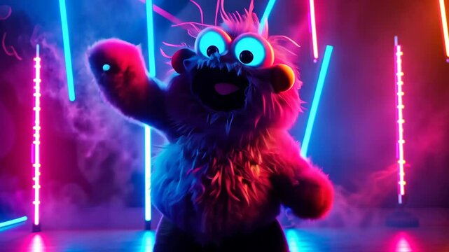 A furry monster with big eyes dances in front of neon lights