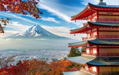 Mount Fuji with red pagoda and autumn foliage in the foreground on a clear day.