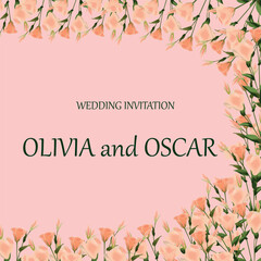 for wedding invitation with eustoma flowers, borders, all elements are in vector on a white background