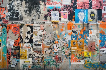 Fototapeta premium A vibrant urban wall covered in colorful graffiti, posters, and stickers. The artwork features various styles, including abstract designs and portraits, with a mix of bright colors.