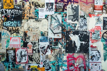 A vibrant urban wall covered with a collage of posters, stickers, and graffiti. The mix of colors and textures creates a chaotic yet artistic atmosphere, showcasing various styles.