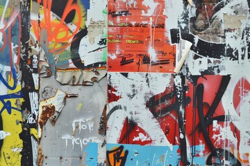 A vibrant collage of weathered metal surfaces covered in colorful graffiti and peeling paint. The artwork features a mix of abstract designs, text, and textures, showcasing urban art and decay.