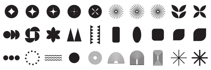 Retro futuristic elements for design. Big collection of abstract graphic geometric symbols and objects in y2k style. Templates for notes, posters, banners, stickers, business cards, logo.