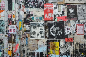 Fototapeta premium A vibrant urban wall covered with a collage of posters, graffiti, and street art. The mix of colors and textures creates a chaotic yet artistic atmosphere, showcasing various styles and messages.