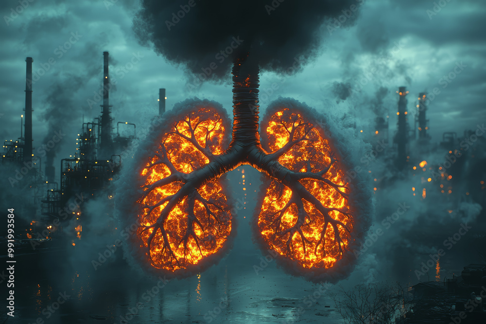 Sticker A factory spewing smoke in the shape of human lungs, highlighting the health impact of pollution. Concept of environmental damage and public health.