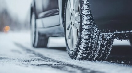 A car tire covered in snow demonstrates the difficulties of winter driving in icy conditions