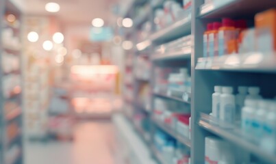Fototapeta premium Blurred pharmacy shelves filled with bottles and products.