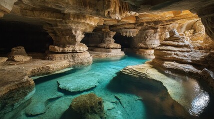 A majestic natural cave system with intricate rock formations and crystal-clear water, creating a captivating