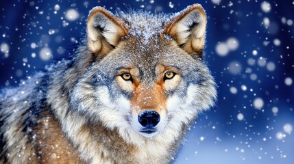Fototapeta premium The wolf stands poised in a snowy landscape, surrounded by gently falling snow, capturing a tranquil winter moment