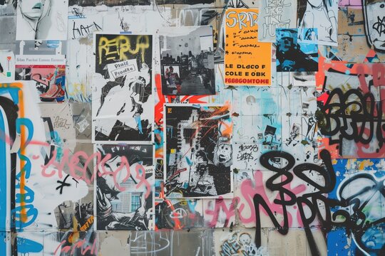A vibrant urban wall covered in a collage of posters and graffiti. The artwork features a mix of black and white photographs, colorful graphics, and various tags. - Powered by Adobe