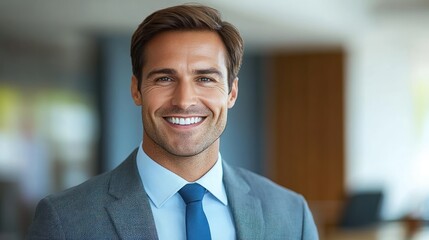 A professional man in a suit smiles confidently in a bright, contemporary office setting