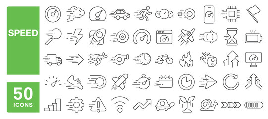 Set of 50 line icons related to speed, fast, move, turbo, express, velocity, run, gauge, movement, accelerate, flash, motion, rapid, express, Editable stroke. Vector illustration