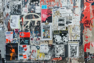 Fototapeta premium Tętniąca życiem miejska ściana pokryta różnymi plakatami, naklejkami i graffiti. Kolaż zawiera mieszankę czarno-białych wzorów, kolorowych grafik i ekspresyjnego tekstu.