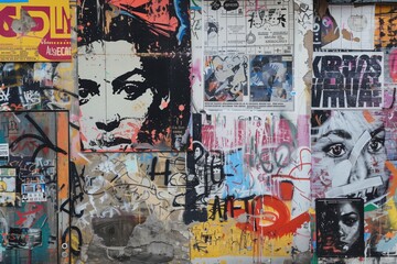 A vibrant urban wall covered in colorful graffiti and street art. The artwork features various styles, including portraits and abstract designs, with layers of posters and tags.