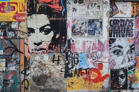 A vibrant urban wall covered in colorful graffiti and street art. The artwork features various styles, including portraits and abstract designs, with layers of posters and tags.