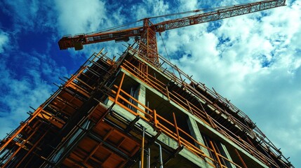 A large construction frame rises towards the sky, supported by scaffolding and a crane actively working overhead