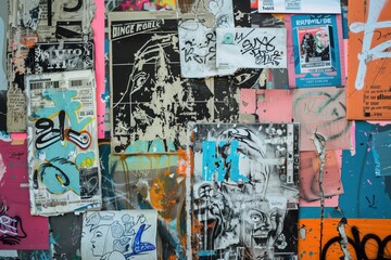 Fototapeta premium A vibrant collage of posters and graffiti on a wall, featuring various colors and artistic styles. The wall is covered with layers of torn paper, drawings, and spray paint.