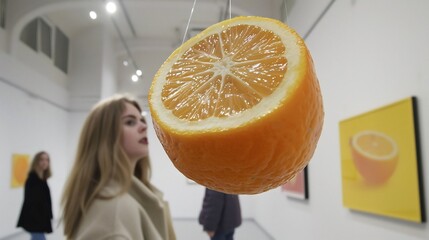 Fototapeta na wymiar Ugli fruit suspended midair using invisible string modern art gallery abstract tropical art installation visitor softly blurred behind promoting fusion of nature creativity Scientific name Citrus