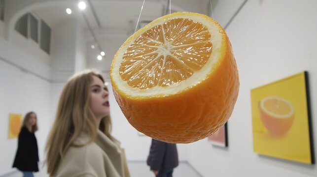 Ugli fruit suspended midair using invisible string modern art gallery abstract tropical art installation visitor softly blurred behind promoting fusion of nature creativity Scientific name Citrus