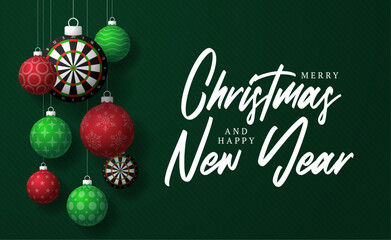 dart board Christmas Greeting card. Merry Christmas and happy new year sport greeting card. Hang on a thread green and red xmas ball bauble