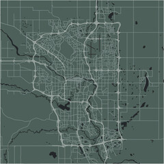 Map of Calgary in Canada in a smooth dark style. Contains layered vector with roads water, parks, etc.