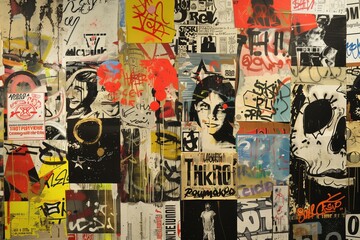 Obraz premium A vibrant collage of urban street art featuring various graffiti styles, posters, and stickers. The artwork includes bold colors, abstract shapes, and a mix of text and imagery.