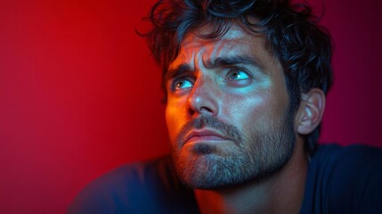 Puzzled man with intense gaze.