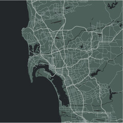 Map of San Diego in California in a smooth dark style. Contains layered vector with roads water, parks, etc.