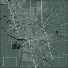 Map of Stockton in California in a smooth dark style. Contains layered vector with roads water, parks, etc.