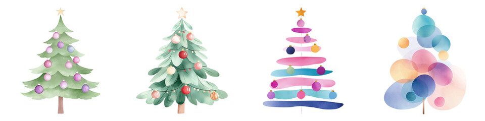 Four artistic Christmas trees in various styles and colors, set against a black background, showcasing creativity and holiday spirit.