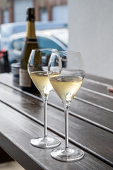 Tasting of brut and reserve grand cru champagne sparkling wine produced by traditional method in Mesnil-sur-Oger in Champagne, France