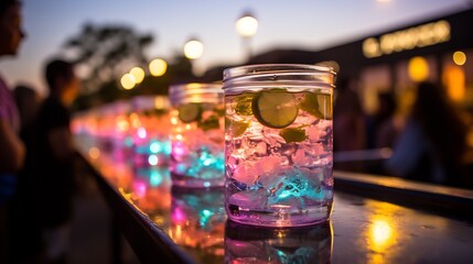 Wampee fruitinfused mojitos served tropical nighttime beach festival neon light bonfire live music softly glowing background creating refreshing vibrant cocktail experience Scientific name Clausena