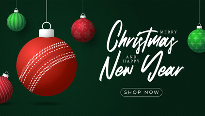 cricket Christmas Greeting card. Merry Christmas and happy new year sport greeting card. Hang on a thread green and red xmas ball bauble