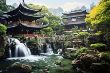 Fototapeta premium Serene Chinese Garden with Pagoda and Waterfalls