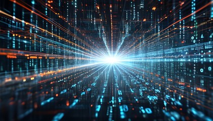 Dynamic visualization of futuristic data flow featuring interconnected nodes and streams of binary code representing high-speed data transmission