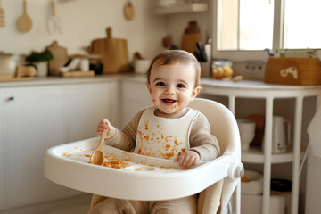 A cute baby sitting in his high chair eating fruit.