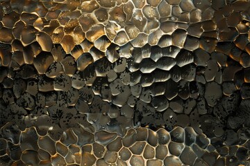 Seamless textured hammered metal scales with a shiny, metallic appearance. The scales are arranged in a hexagonal pattern, reflecting light in various shades of gold.