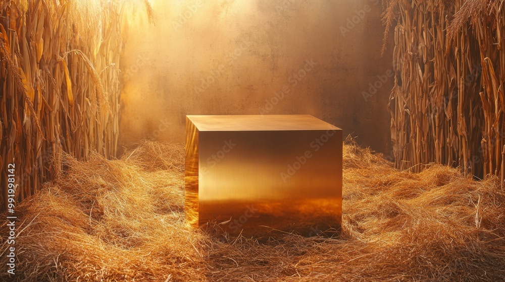Poster A luminous golden cube is positioned in the center of a cornfield, surrounded by straw. The evening light casts a warm glow, creating an intriguing atmosphere as dusk settles around the scene.