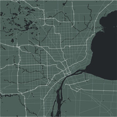Map of Detroit in Michigan in a smooth dark style. Contains layered vector with roads water, parks, etc.