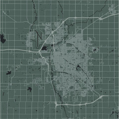 Map of Lincoln in Nebraska in a smooth dark style. Contains layered vector with roads water, parks, etc.
