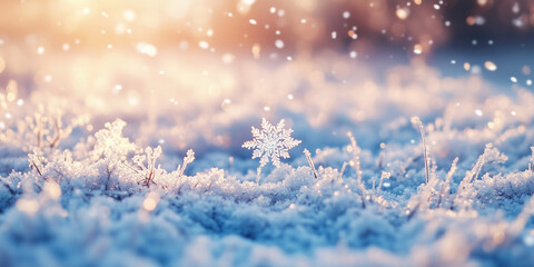 Close-up shot of snowflakes delicately falling onto a frost-covered field, each flake unique and shimmering in the soft winter light.