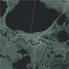 Map of New Orleans in Louisiana in a smooth dark style. Contains layered vector with roads water, parks, etc.