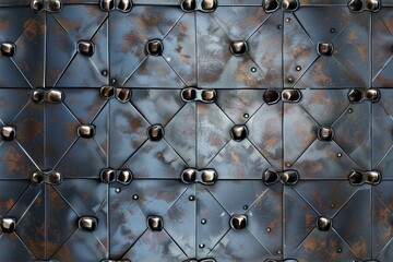 Seamless textured metal armor wall featuring a pattern of square panels with rivets. The surface shows a mix of blue and rust colors, creating an industrial aesthetic.