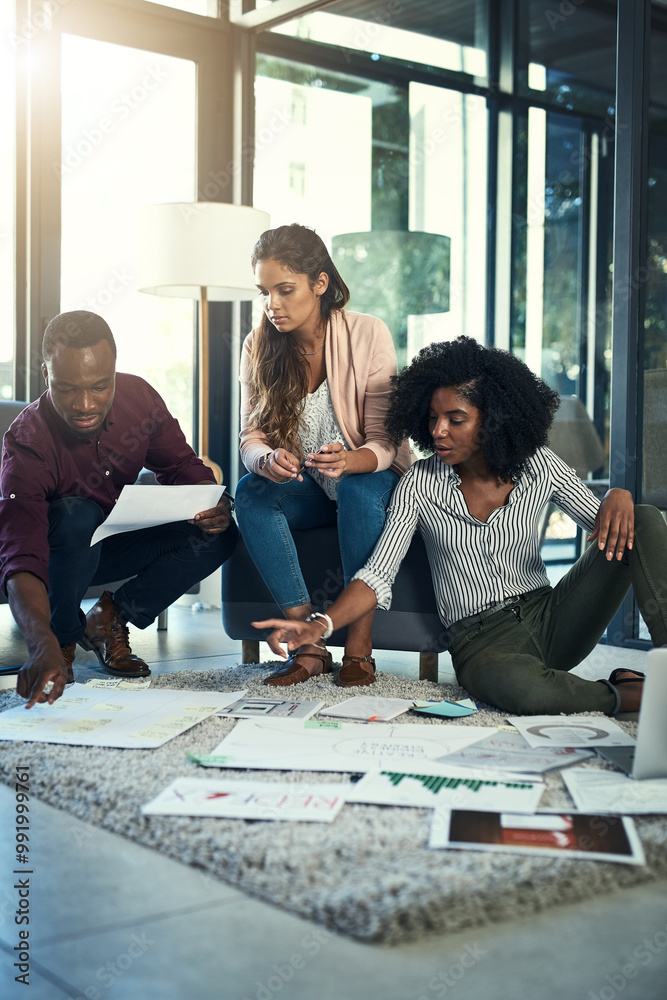 Poster creative people, office and meeting with paperwork at work for sales plan, strategy and teamwork. em