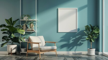 A comfortable armchair sits in a bright living room, bathed in sunlight and surrounded by lush green plants.