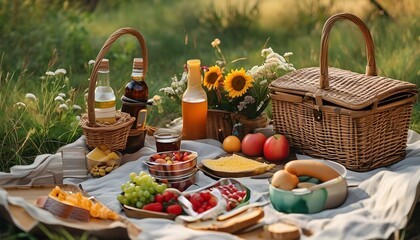 Charming summer picnic under a shady tree with delicious sandwiches, fresh fruit, refreshing...