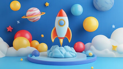 3D stage for kids with rocket, planets, and stars. It's perfect for displaying products for children. The stage has a rocket spaceship toy and galaxy planets in the sky with stars.